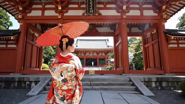 Japanese woman in red kimono standing holding an umbrella approaching a traditional shrine gate structure