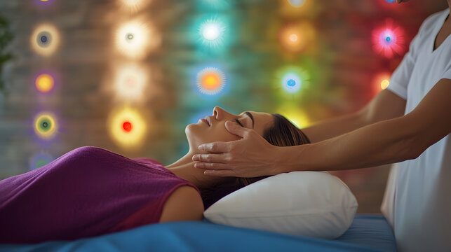 Professional therapist performing energy healing or Reiki session on a relaxed woman. Spiritual wellness concept with colorful chakra lights background.
