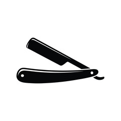 A black silhouette illustration of an open straight razor on white