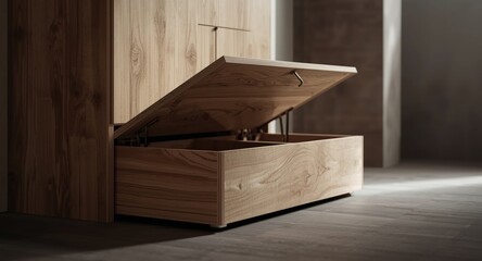 Plywood furniture design integrating a manually opened retractable floor box for storage