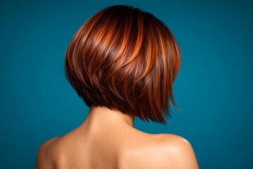 Short Layered Copper Bob Haircut Back View on Teal Studio Background