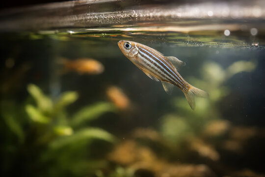 Small striped zebrafish swimming underwater in aquarium tank with split-level water surface view and blurred aquatic plants in background.