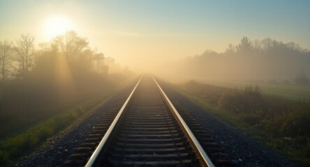 Obraz premium Sunlit train tracks fading into misty morning landscape