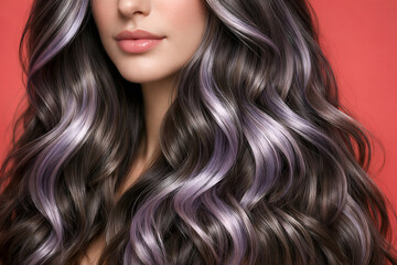 Wavy Ash Brown Hair with Soft Lavender Highlights on Coral Studio Background