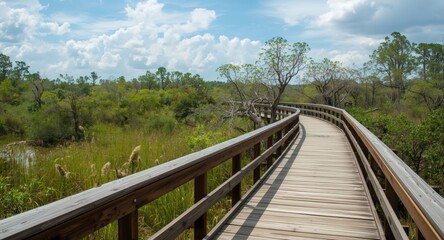 Fototapeta premium Tranquil wooden boardwalk leading through a scenic wildlife conservation area