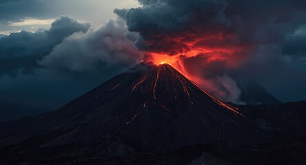 Volcano releasing thick ash and flowing lava against a glowing dark cloud background