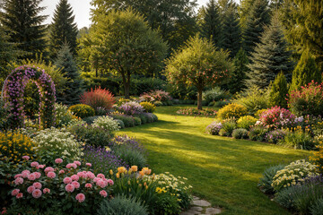 Obraz premium Beautiful landscaped garden with colorful flower beds, manicured lawn path, flowering arbor, and evergreen trees creating a peaceful backyard paradise in natural sunlight.