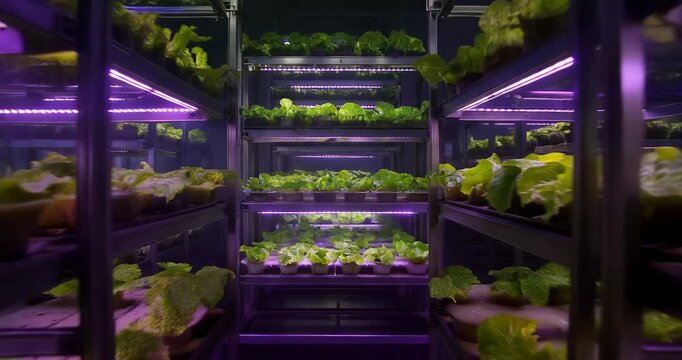 Vertical farm with rows of plants growing under purple LED lights