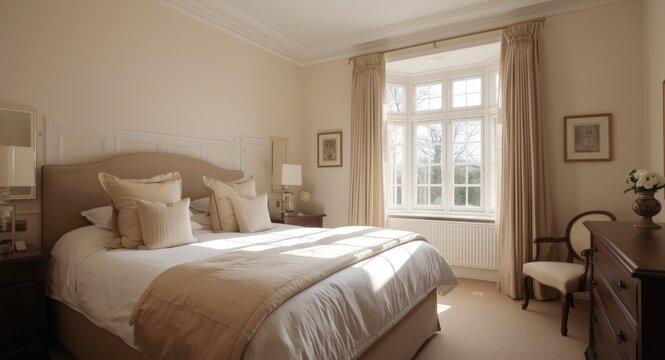 Elegant bedroom with made bed and decorative pillows under a bright bay window