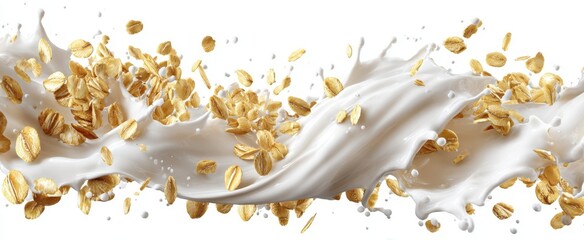 Naklejka premium The Oats and Milk Splash With Flying Cereal Flakes on White Background