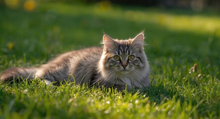 Relaxed small feline enjoying the warmth of the sun on a grassy summer lawn full length view