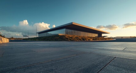 Modern square flooring design with building backdrop and nearby road