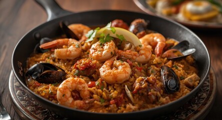 Fototapeta premium Hearty Peruvian pan dish featuring a blend of seafood and seasoned rice with precise focus