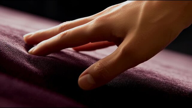 A close-up of a hand gently touching soft velour fabric, demonstrating the quality and pleasant texture of the furniture upholstery.