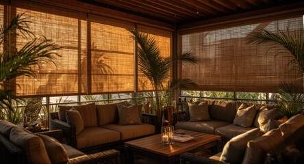 Fototapeta premium Cozy lounge setting with automated solar shades and palm accents