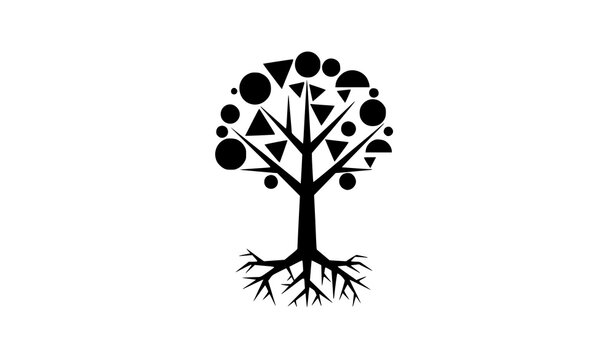Geometric abstract tree with roots modern minimalist black vector logo isolated on white