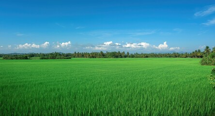Obraz premium Tropical farm panoramic view with lush green fields and distinctive white corn texture