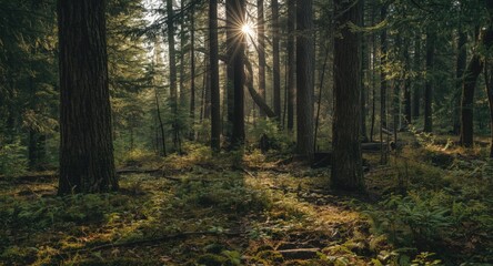 Obraz premium Natural scene of soft golden light illuminating tall evergreens and mossy forest floor good for ecotourism