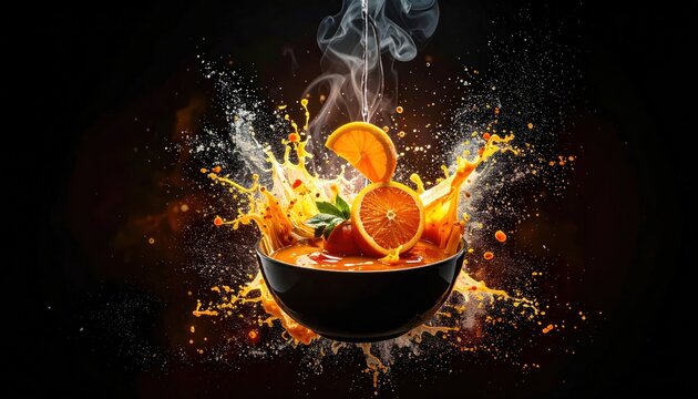 A bowl of soup bursts with orange juice and fruit, steam rising