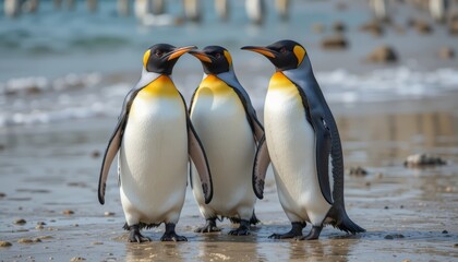 Obraz premium Trio of King Penguins Standing Together on a Sandy Beach