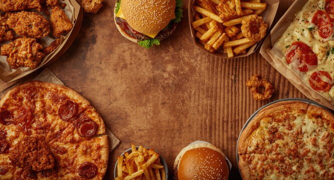 Overhead view of a diverse range of takeout food including fried chicken pizza hamburgers and sides arranged on a textured background