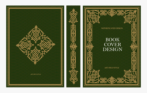 Classic vintage book cover and spine design with Art Deco, Baroque, Art Nouveau and Victorian ornaments. Elegant decorative frame, luxurious retro style for publications, posters and artistic layouts