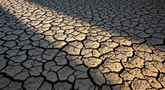 Arid cracked earth surface with dramatic diagonal shadow cast by sunlight symbolizing drought and environmental crisis