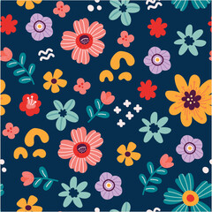 Vibrant Seamless Pattern with Playful Abstract Floral Illustrations, Featuring Stylized Blossoms and Organic Elements on a Soft Pink Background, Ideal for Modern Design and Textiles