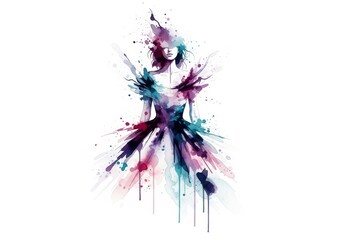Obraz premium Woman in watercolor splash dress with abstract paint strokes, artistic fashion concept for creative design and modern illustration