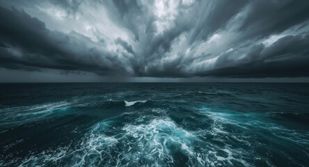 Obraz premium Ominous heavy clouds over a swelling sea under a steel gray sky from above