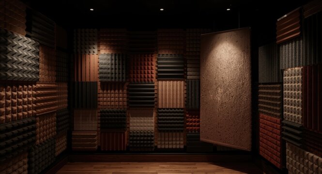 Soundproof recording studio wall covered in acoustic foam with dynamic lighting and textured banner