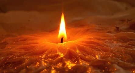 Red candle flame casting warm glow on detailed wax texture with white background