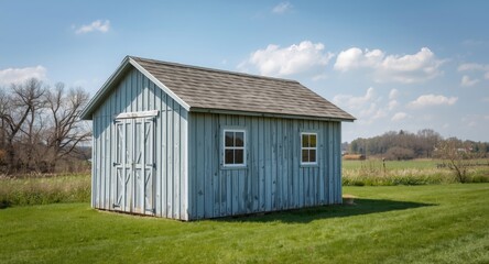Obraz premium Quaint wooden shed showing blue and white coloration in a calm countryside