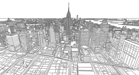 Fototapeta premium Monochrome line art showcasing city buildings in a schematic map style