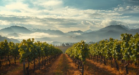Naklejka premium Artistic landscape watercolor of vineyard rows beneath cloudy mountain silhouettes