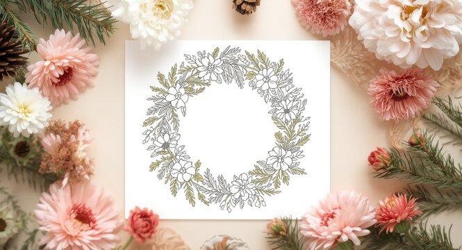 Festive season coloring sheet with decorative fir brunia carnations and chrysanthemums theme