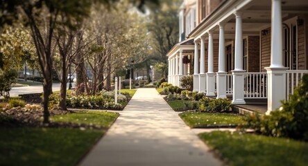 Obraz premium Pathway flanked by townhome porches with generous copy space for text
