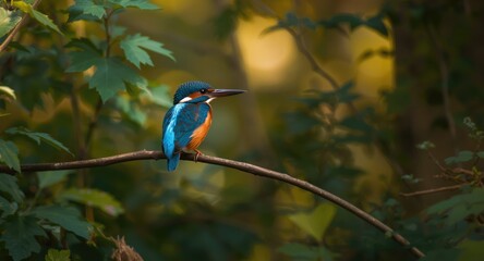 Small kingfisher bird with radiant plumage on a branch in a wooded area