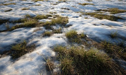 Obraz premium Front-facing texture of melting snow surface with irregular wet patches and exposed grass beneath