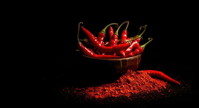 Spicy red mirch chilies and chili powder in a bowl illuminated on dark selective background