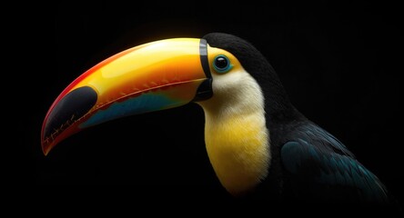 Obraz premium Detailed toucan bird portrait highlighting its large curved beak on a black background