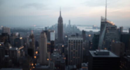 blurred background showing urban skyline with hazy architectural shapes