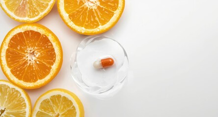 Fototapeta premium Vitamin C pill dissolving near fresh citrus slices with copy space for text