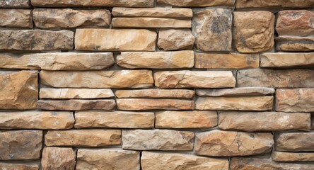 Fototapeta premium Close photo of a brown brickwork wall featuring natural composite rock and bedrock building material