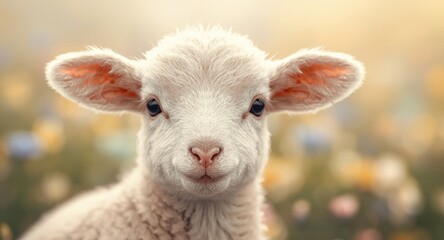 Fototapeta premium Cute springtime illustration of a fluffy white baby lamb with translucent ears