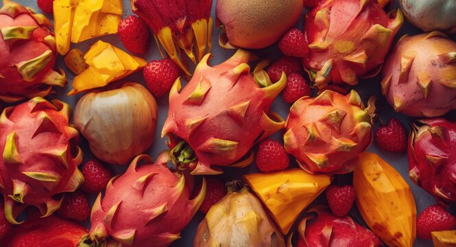 Bright exotic fruits including pitahaya dragon fruit laid out with copyspace