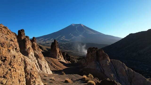Epic scenic view of a majestic mountain and unusual rock formations on a sunny day under a blue sky