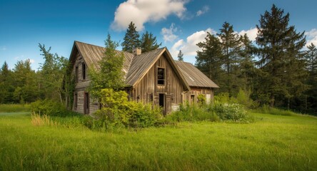 Obraz premium Neglected timber house surrounded by wild forest growth and vibrant green lawn creating a natural look