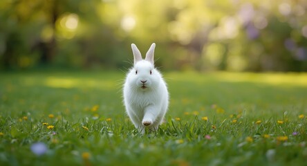 Vibrant summer day with joyful white mammal playing outdoors on green grass lawn full length