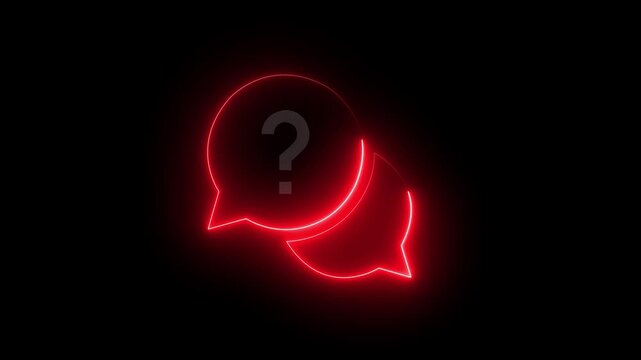 Neon glowing speech bubble question mark icon, red blue luminous chat symbol, digital support communication design on a black background
